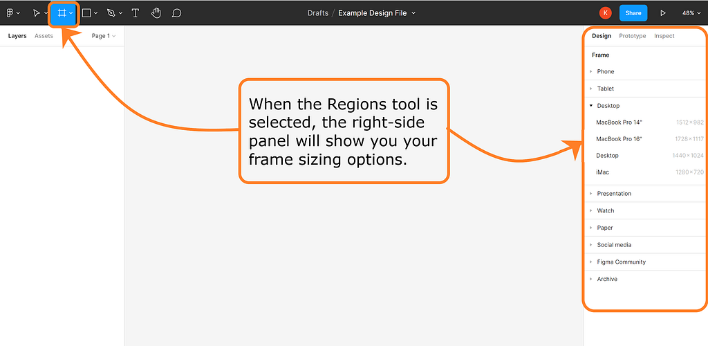 When the Regions tool is selected, the right-side panel will show you your frame sizing options