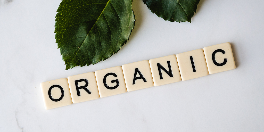 letters in wooden squares on top of a white table, forming the word organic and with two green leaves on top