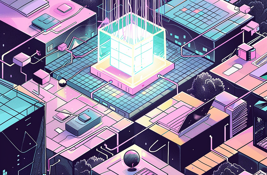 An illustration of a translucent cube inside an AI machine which is meant to depict trust and transparency