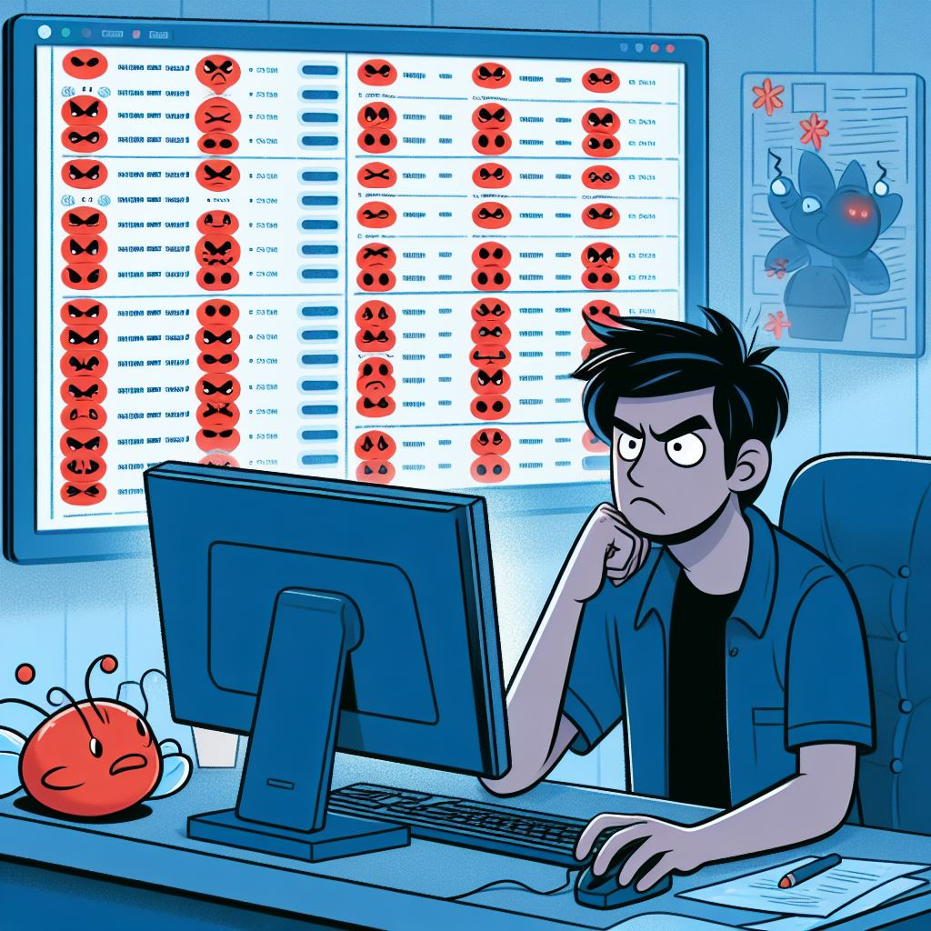 A developer looking at a computer screen which shows dozens of issues in a bug tracking system. The developer is looking annoyed with someone across the room.