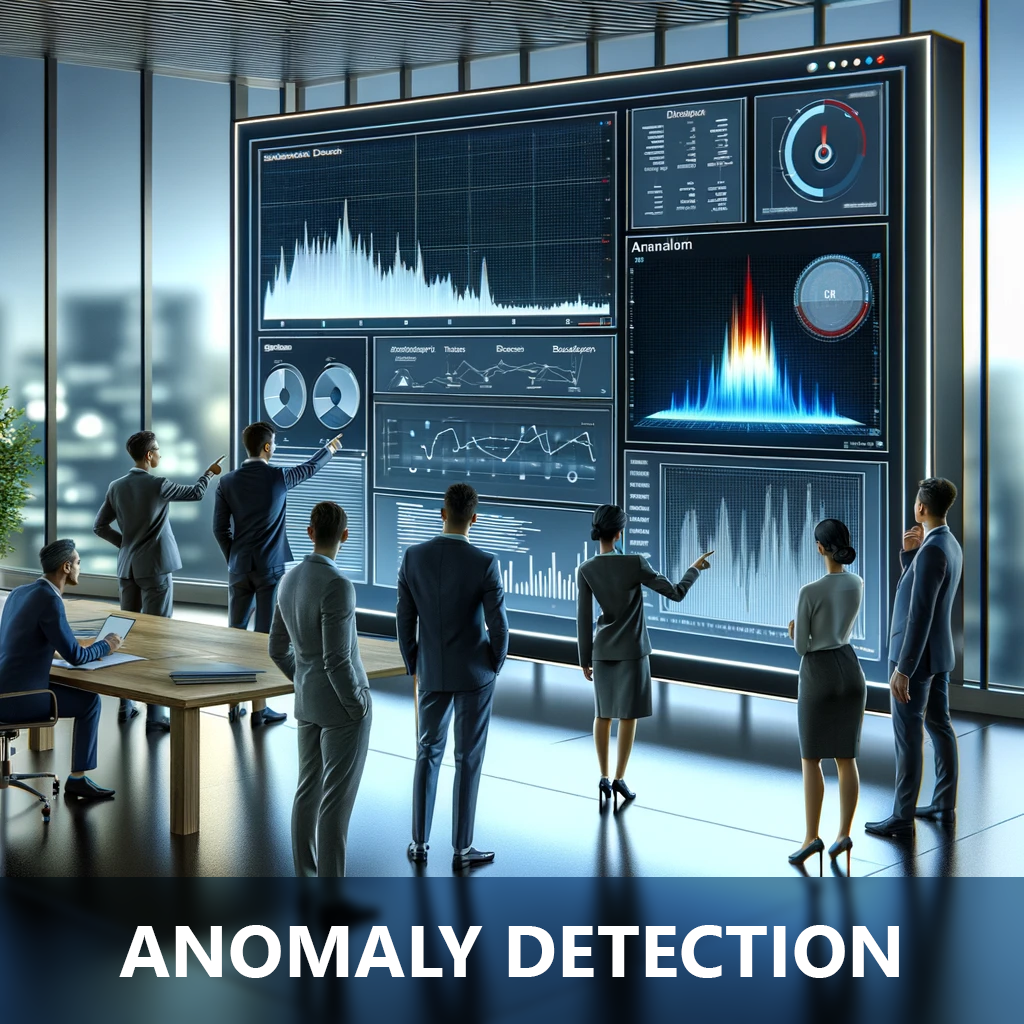 Team members in front of a massive screen showing data analyses, with the slogan “Anomaly Detection” below.