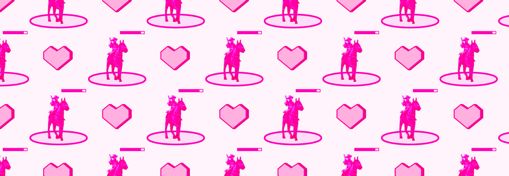 Pattern of a pink heart and a man on horseback who has a circle under his feet and a “life bar” on his head.