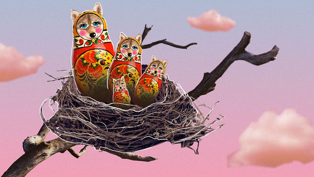 Illustration of a bird’s nest on a bare branch against a pink sky with small, fluffy clouds in it. Inside the nest are four Russian nesting dolls (matryushka), with wolves’ faces, bright pink cheeks, and bright blue eyes with pronounced eyelashes. The dolls are smiling and the whole picture is very sweet, yet surreal.