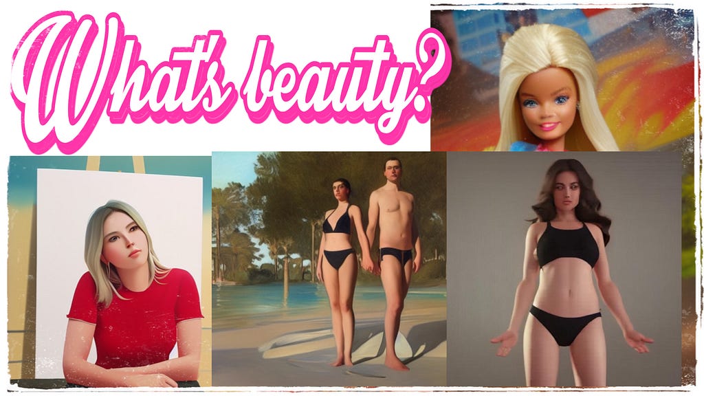 A collage image of 4 AI-generated ideas about beauty, with a question: What’s beauty?