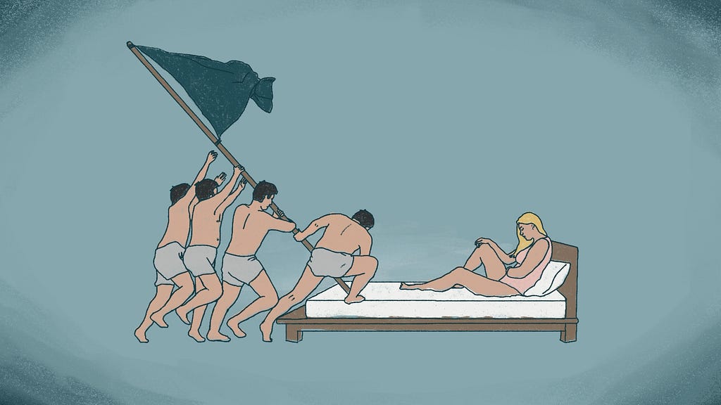 A bunch of guys work together to raise a flag on top of a bed, where a girl lies waiting.