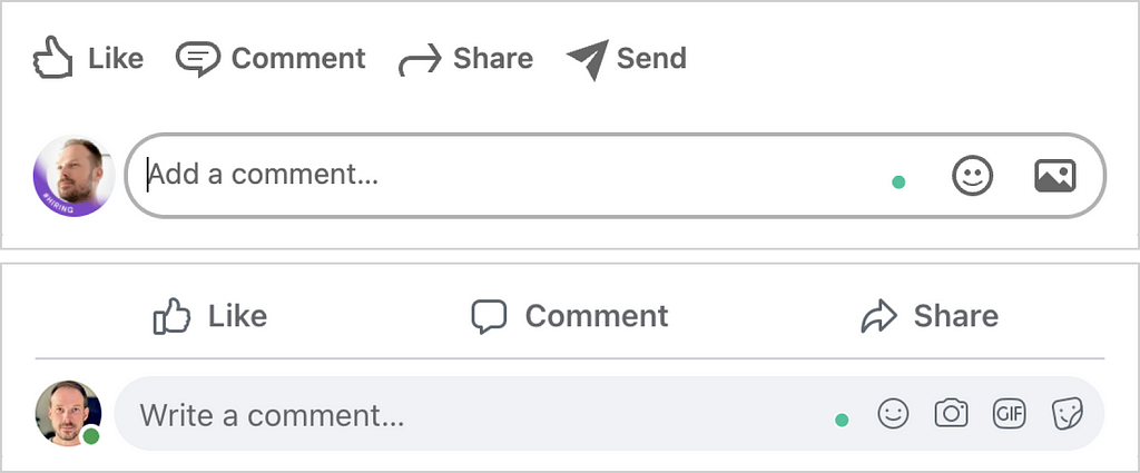 Screenshots of The Dots in comment prompts on Facebook and LinkedIn