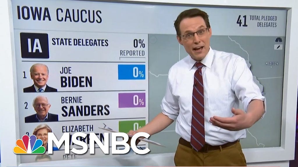 Steve Kornacki scrolls up and down a list of 0% results the night of the February 3, 2019 Iowa Caucuses.