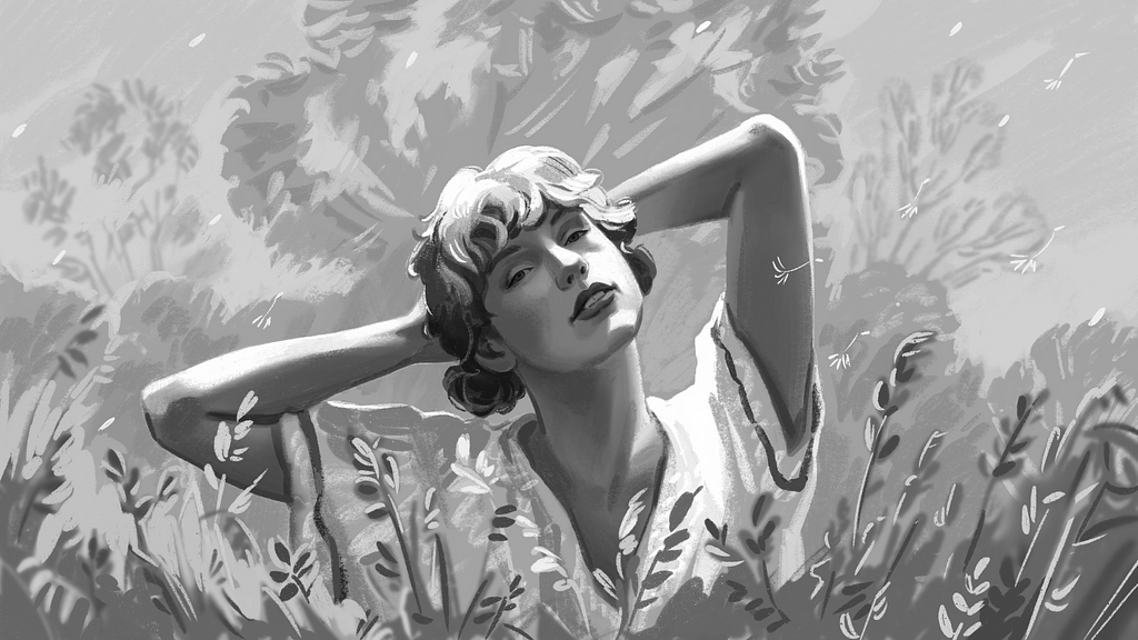 Taylor Swift folklore music album fan art digital illustration black white classic portrait girl in nature