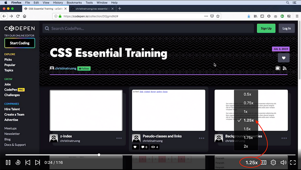 Screenshot of the video player in a LinkedIn Learning course, showing how to change the video speed.