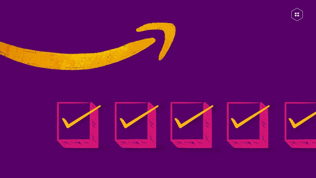 Yellow Amazon arrow on a purple background with checkboxes below indicating the steps to monitor performance and account health.