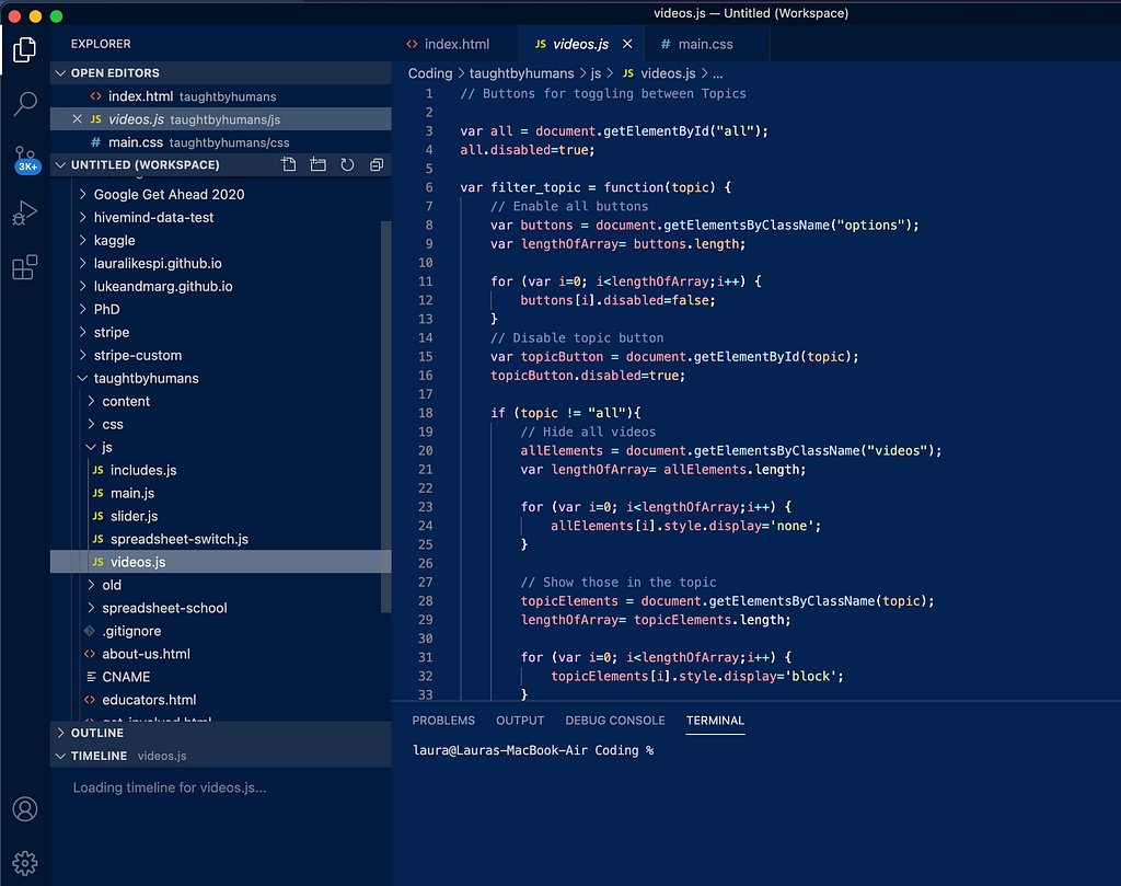 Screenshot of Visual Studio Code. Showing JavaScript code for creating a content management system.