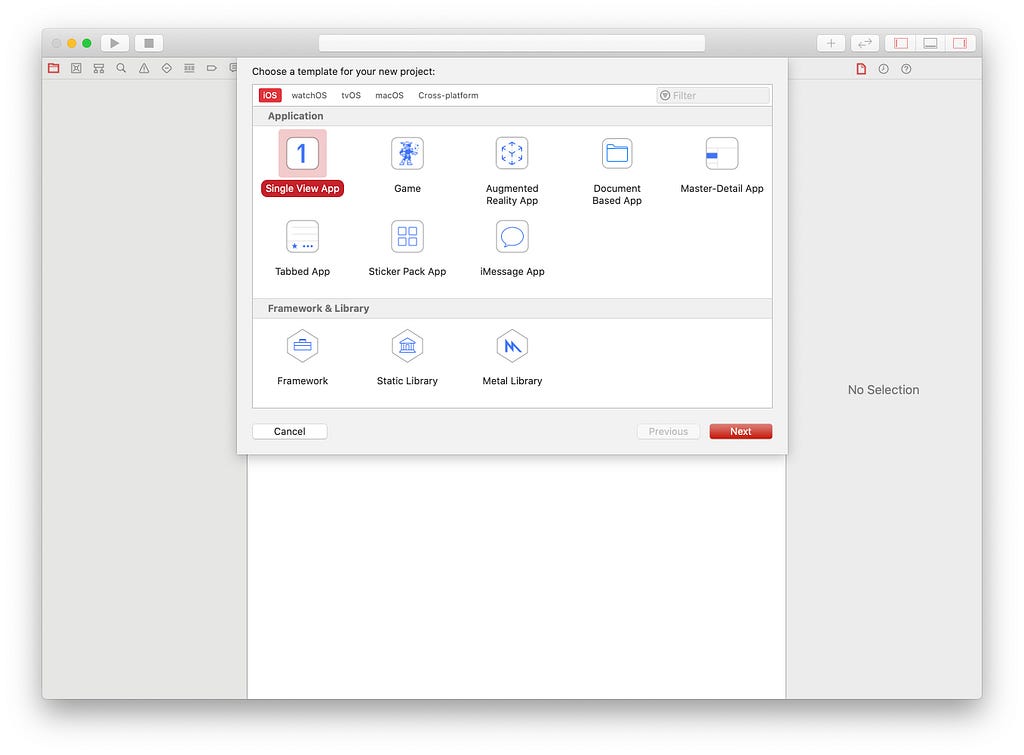 Xcode’s new project template window with single view application selected