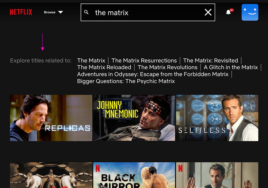 Netflix app with “Explore titles related to” microcopy.