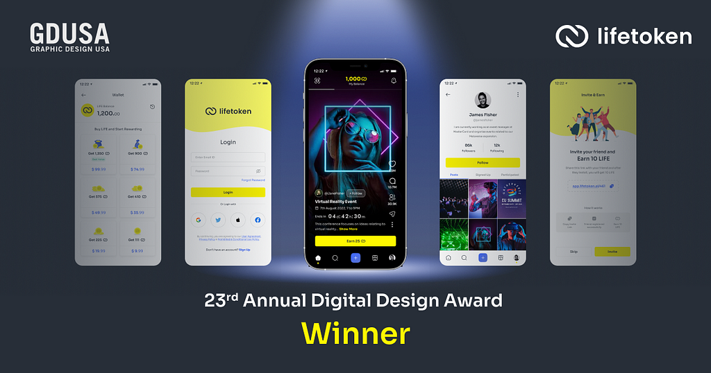 Lifetoken’s award-winning mobile interface is spotlighted. Various screens from the app are presented, showing the social feed, profile page, rewards in action, and in-app purchases.