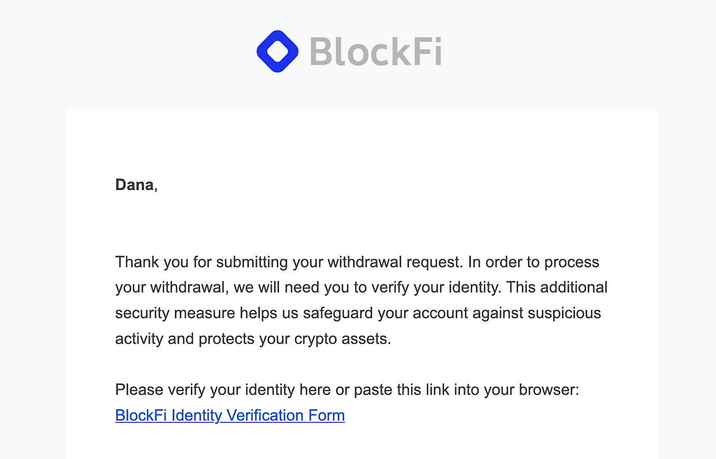 Email from Blockfi requesting identity verification.