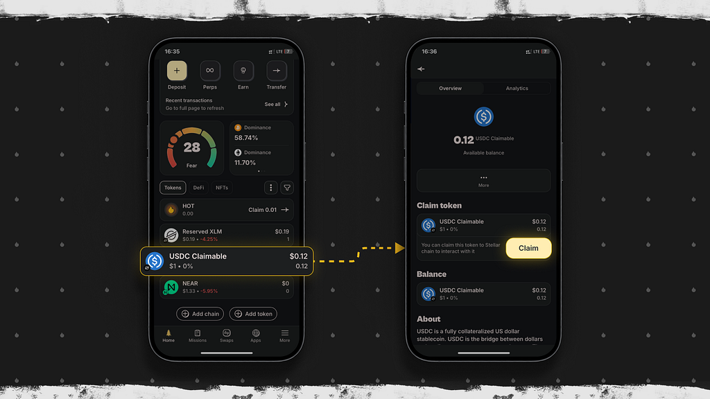 HOT Wallet mobile app showing 0.12 USDC claimable balance on Stellar network with ‘Claim’ button highlighted — easy one-tap claiming of USDC in 2026