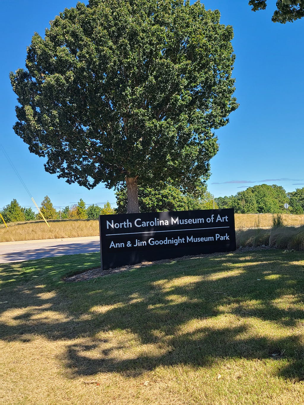 A sign that says ‘North Carolina Musuem of Art’ in front of a tree