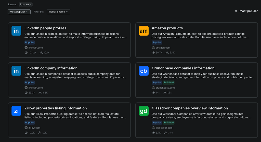 The marketplace search view, showing available datasets matching the query.