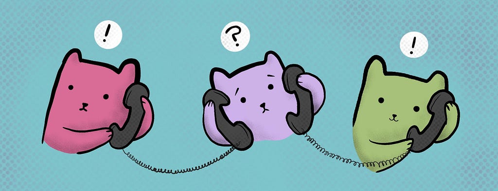an illustration of bears playing a quizzical game of “telephone”