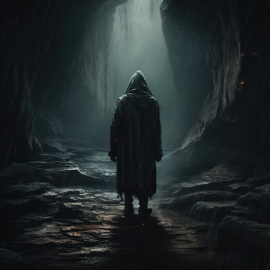 A hooded figure standing at the entrance of a dark cave.