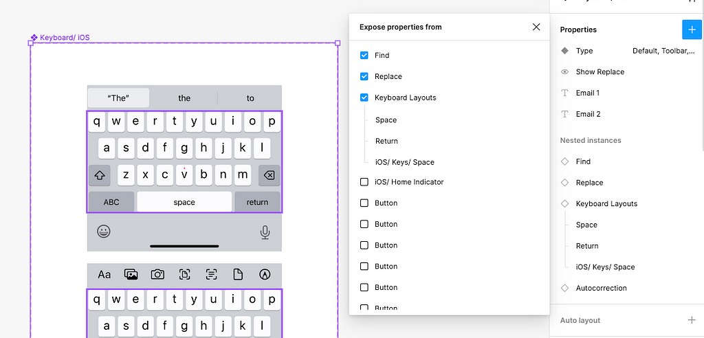 The keyboard component in Figma with the ‘Expose properties from’ menu open and the options ‘Fine’, ‘Replace’, ‘ and ‘Keyboard layouts’ are selected from the checkboxes in the menu