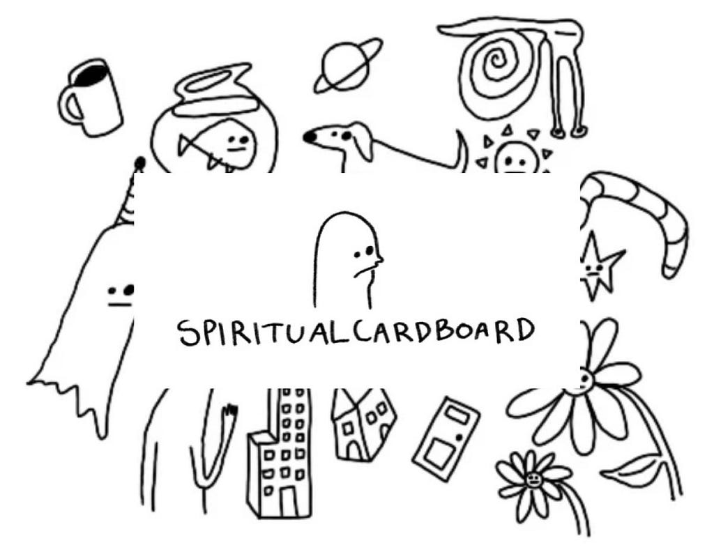 Collage: various cartoon drawings in the background (a ghost, a coffee cup, a fish in a bowl, a dog, a planet, flowers, a worm) with the spiritual cardboard logo layered on top