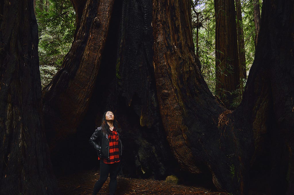 Girl in red flannel and leather jacket in a forest, looking upwards