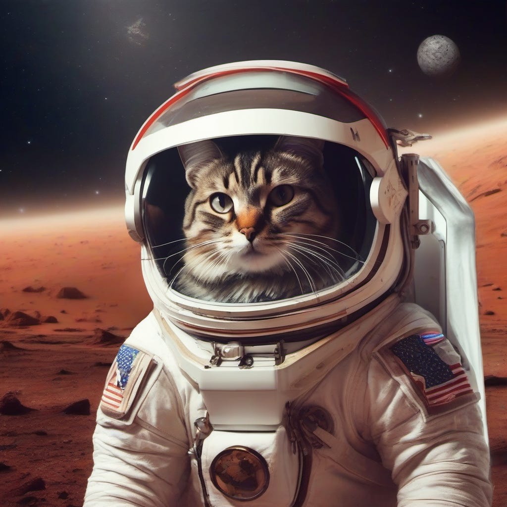 A cat wearing an astronaut suit, floating in the middle of the space. One can see a red alien planet in the background with dark starry sky.