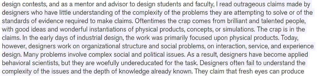 Screenshot of a paragraph of the Don Norman essay presented in the link above and in which the connection of UX Design with sciences is made