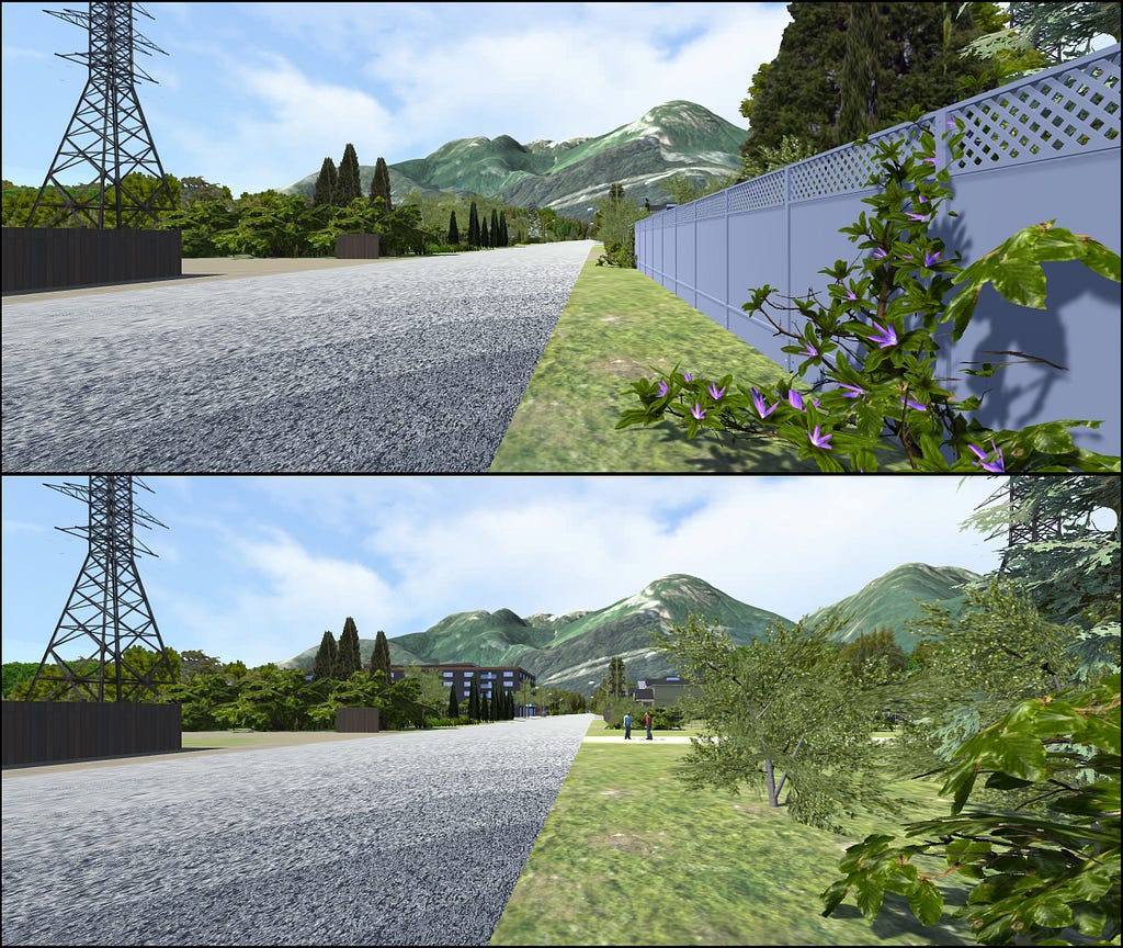 Two screen shots of computer-generated landscape showing a road and mountains. One shot shows a fenced residential area and the other shows a low-rise apartment building.