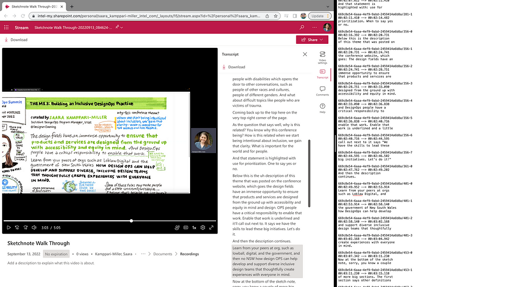 Screenshot of two computer windows side by side: the video recording with the original automatic transcription, and the transcription text file being edited to correct the transcript.