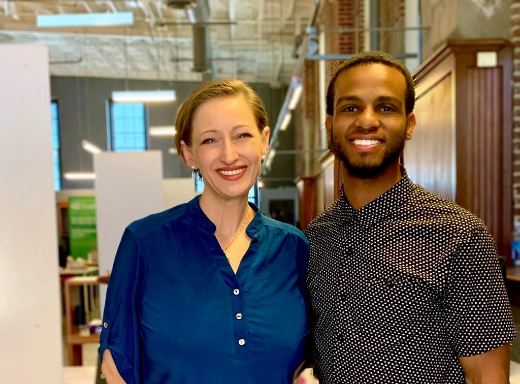 Tanya Hertz, Director of the REC Innovation Lab (left) with student founder, D’Anthony Early-Riley (right) at a visit to a local San Diego startup