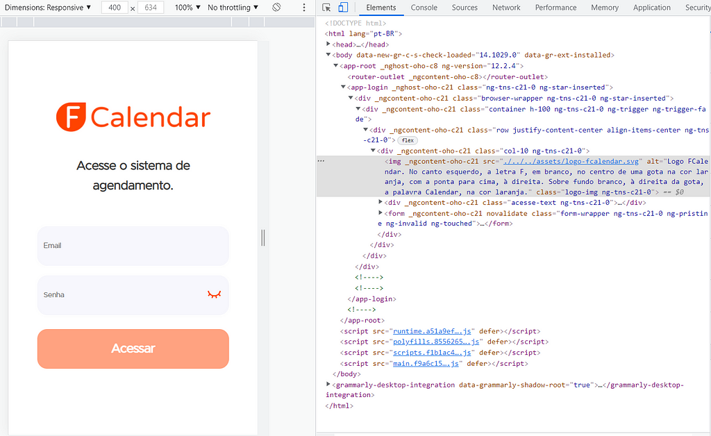 À esquerda tela de login do FCalendar. À direita, janela com o código HTML da aplicação com foco no trecho: <img _ngcontent-iwh-c21=”” src=”./../../assets/logo-fcalendar.svg” alt=”Logo FCalendar. No canto esquerdo, a letra F, em branco, no centro de uma gota na cor laranja, com a ponta para cima, à direita. Sobre fundo branco, à direita da gota, a palavra Calendar, na cor laranja.” class=”logo-img ng-tns-c21–0">