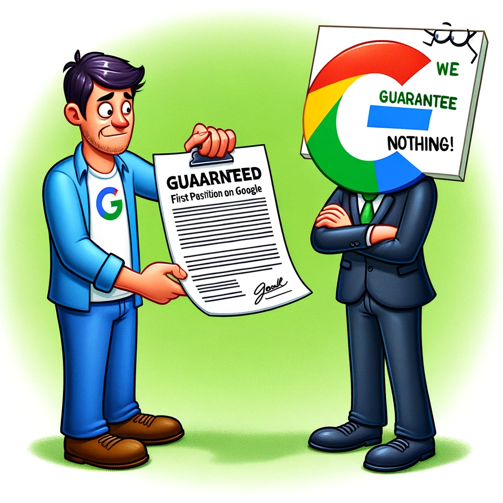 Contractul Fals: Un agent SEO înmânează un contract mare pe care scrie “Garantie: Prima Poziție pe Google”. În colțul contractului se vede clar că semnătura este a unui actor (fake), iar Google, personificat, stă alături cu brațele încrucișate, arătând o pancartă cu “Nu garantăm nimic!”.