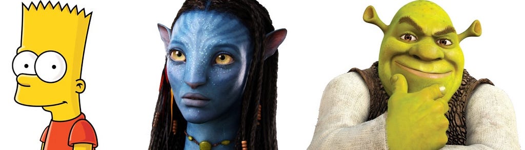 Side-by-side images of Bart Simpson (with yellow skin), Neytiri from Avatar (with blue skin), and Shrek (with green skin)