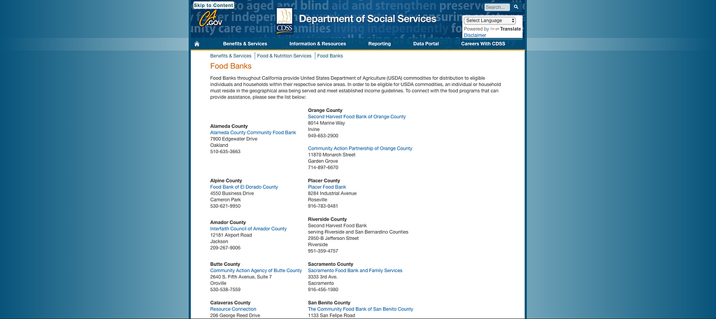 Screenshot of the current CA.gov “Find food banks near you” page.