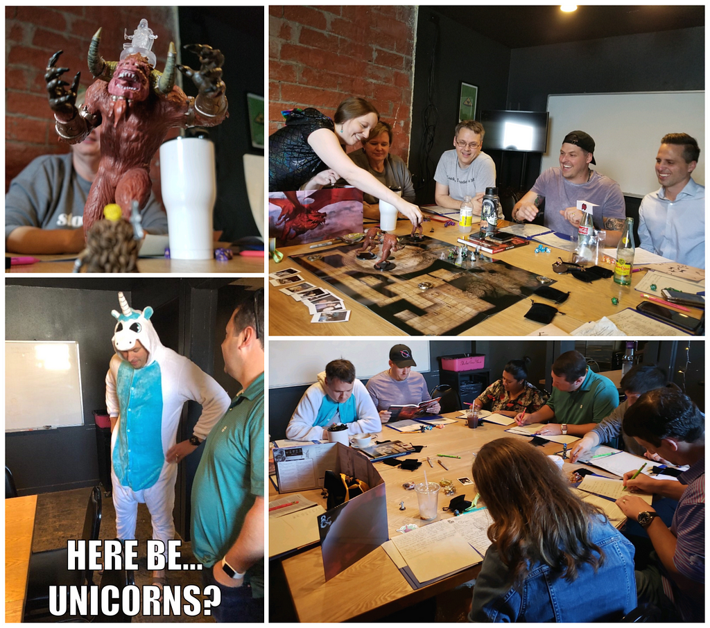 Photos of my Design Strategy team playing Dungeons and Dragons® together at a team offsite.