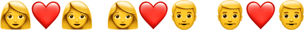 Emoji de mulheres com coração no meio, emoji de homem e mulher com coração no meio e emoji de homens com coração no meio