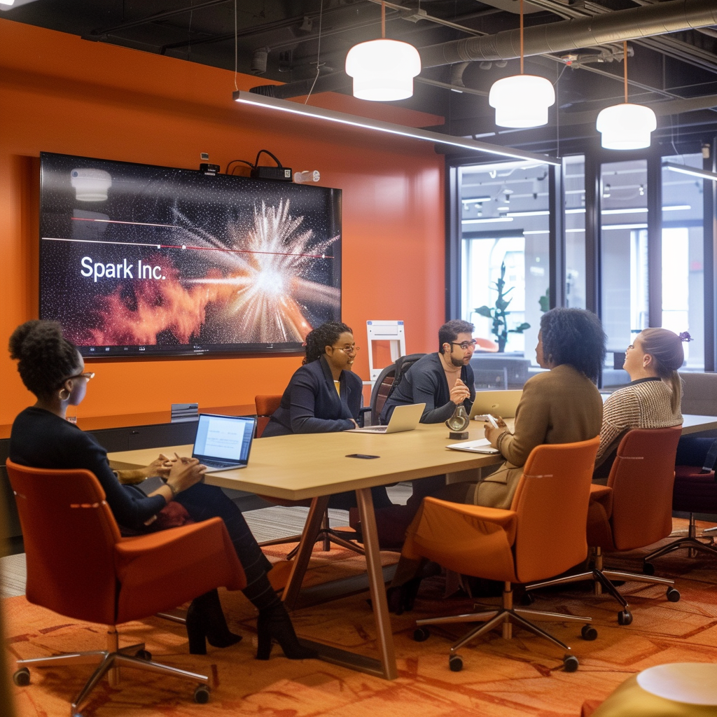 shows a group of people around a table interacting in what looks like a work environment — on the display is Spark, Inc. with an image of a firework