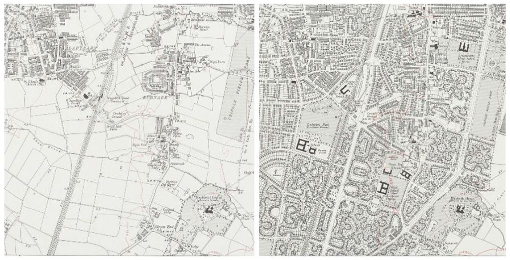 Two maps side by side, showing the area before and after the construction of the Burnage housing estate.