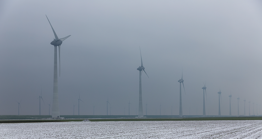 Wind turbines in the snow.