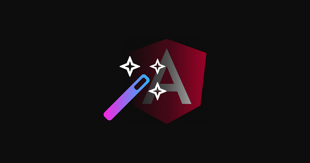 a magic want in HeroDevs gradient with white stars around it with the Angular logo faded in the background