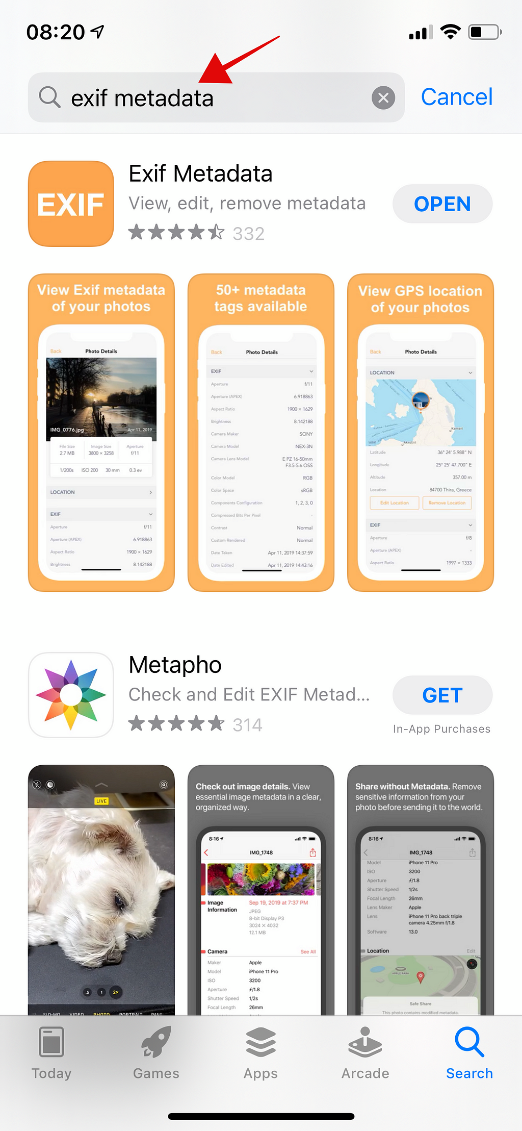 Go to App store and search “exif metadata”