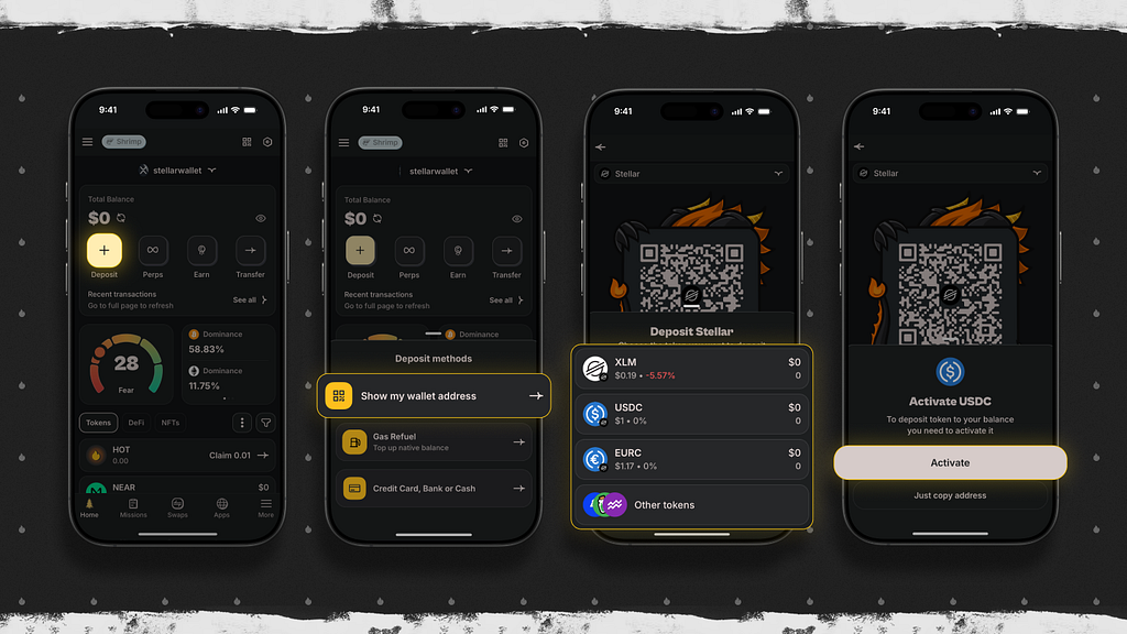 How to deposit USDC to HOT Wallet on Stellar: show wallet address, activate USDC token, scan QR code or copy address — simple deposit guide for Stellar network in 2026