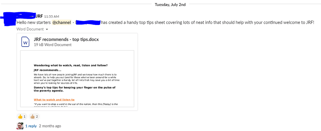 A capture of our new starter slack channel, showing a guide a colleague has shared with the group to get them inducted at JRF