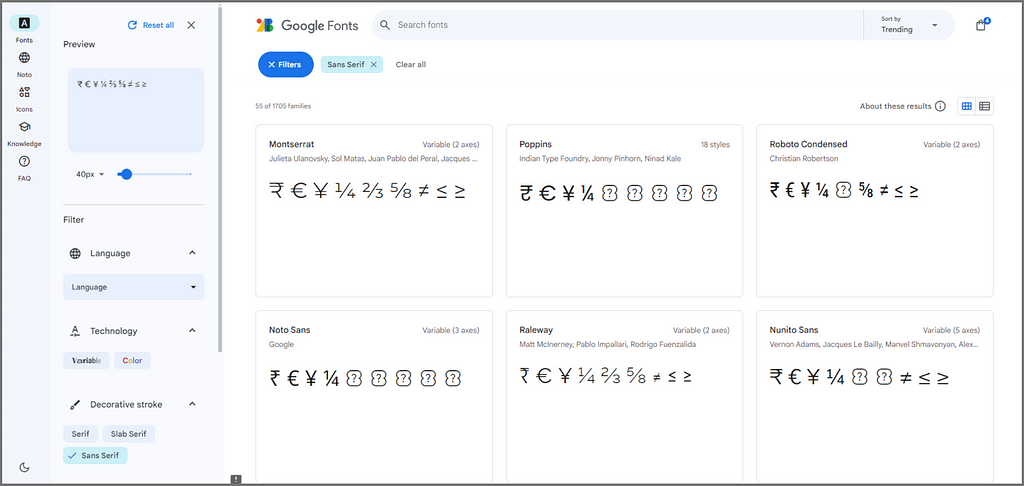 A screenshot from Google Font showing missing glyphs from some typefaces