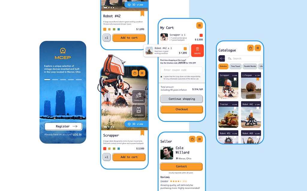6 e-commerce mobile app screens with robots from “The tales from the Loop”