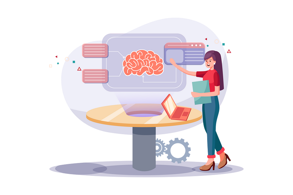 Illustration of a person presenting a concept that shows a brain and some annotations