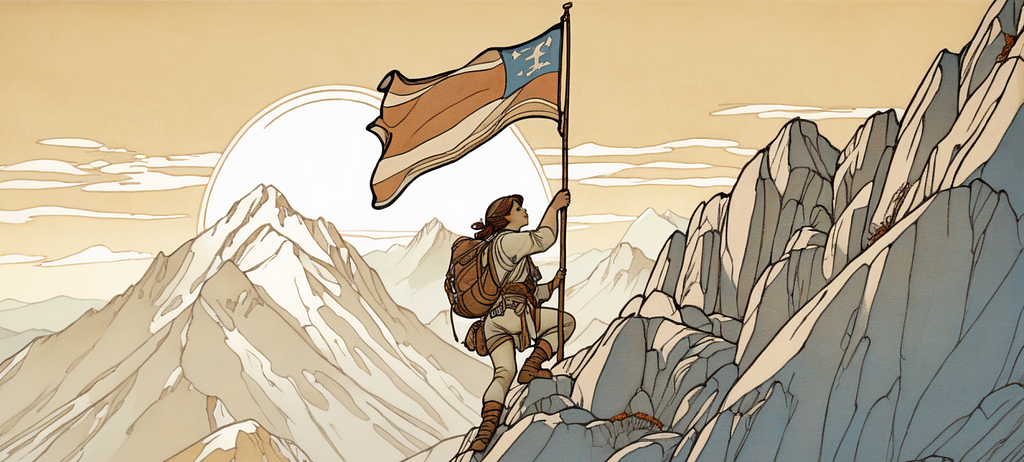 Illustration of a woman climbing a montain while holding a flag.