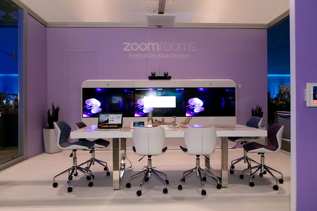 A conference room with video conferencing.